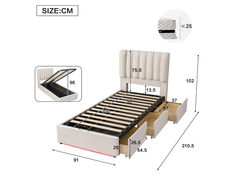  Lit coffre enfant 90x200 cm, design moderne, vérin hydraulique, avec 3 tiroirs et led, couleur beige, sans matelas  - Conforama C