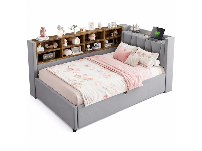  Lit banquette 1 place 200×90 cm en velours avec coffre hydraulique, usb, éclairage et rangements, matelas non précisé  - Conforama A