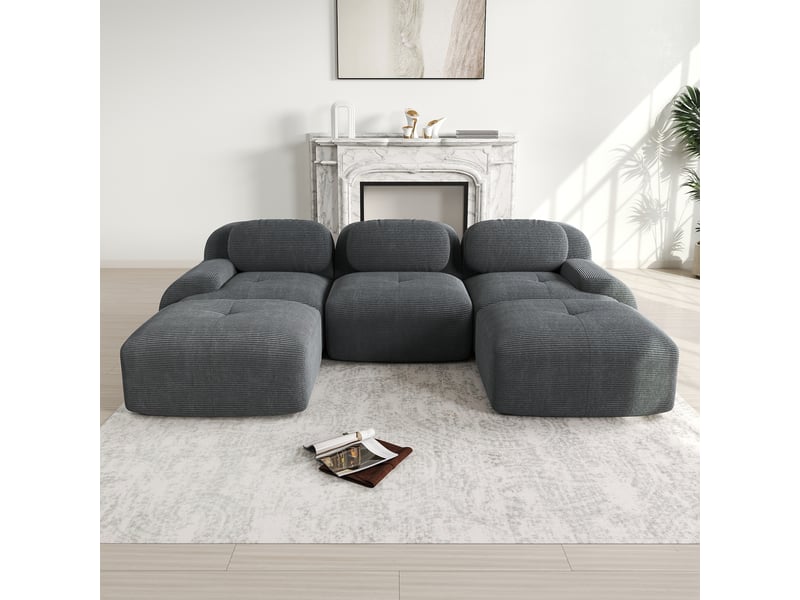  Canapé d'angle modulable 5 places en velours côtelé gris, sans montage, accoudoirs extra-larges  - Conforama B