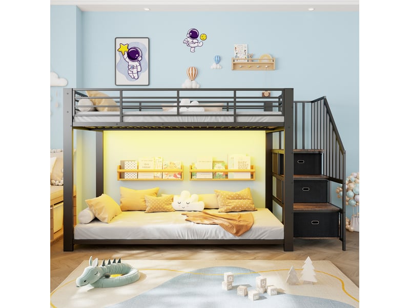 Lit superposé 90x200 cm avec escalier de rangement led et usb, métal noir, sans matelas - Conforama B
