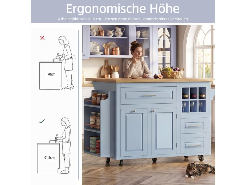  Desserte de cuisine 143 × 4575 × 91 cm en mdf et métal, tiroirs, panier à vin amovible, rangement latéral et roulettes  - Conforama D