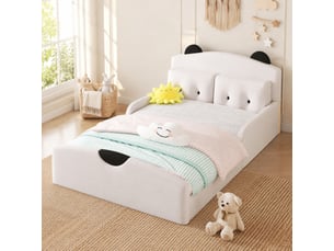 Lit plateforme 140 x 200 cm blanc en lin avec tête de lit ours et 2 coussins décoratifs