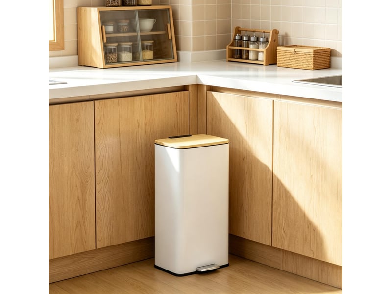  Poubelle de cuisine à pédale 20 l 29,5 x 29,5 x 56,8 cm – blanche et bambou – couvercle soft-close  - Conforama B