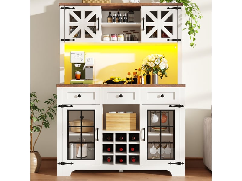 Armoire de cuisine moderne avec led, buffet haut avec porte-bouteilles, meuble de rangement blanc 120x40x180 cm pour salon. - Conforama B