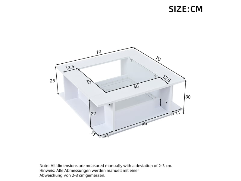  Table basse carrée led avec plateau en verre et rangements ouverts, finition brillante, pour salon, 70 × 70 × 30 cm  - Conforama D
