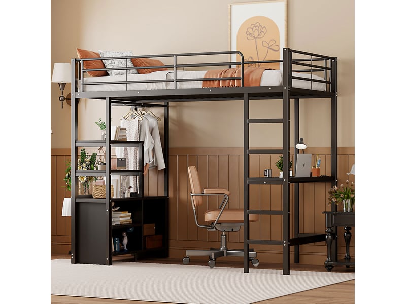  Lit mezzanine 90x200 cm avec bureau, rangements, prises usb et échelle, noir  - Conforama B