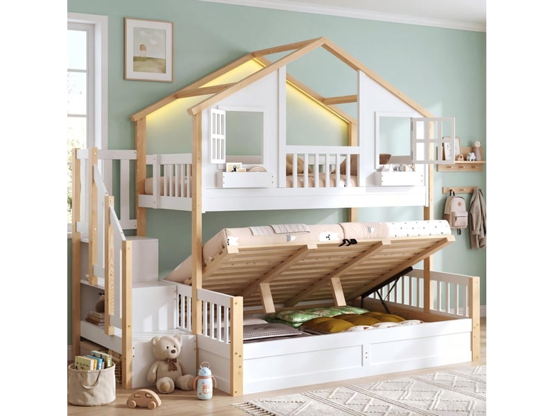  Lit superposé 90x200 cm + 140x200 cm avec lit inférieur hydraulique, escalier de rangement, led, bois et mdf, blanc et couleur naturelle, sans matelas  - Conforama C