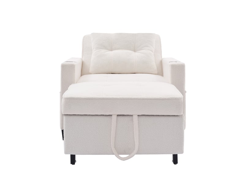  Fauteuil convertible 3-en-1 1 place en tissu bouclette blanc, usb et porte-gobelets, idéal petits espaces  - Conforama A