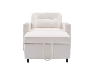 Fauteuil convertible 3-en-1 1 place en tissu bouclette blanc, usb et porte-gobelets, idéal petits espaces