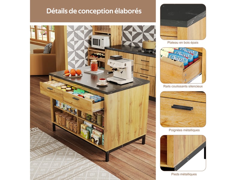  Îlot de cuisine 120x75x90 cm, desserte avec 2 tiroirs et 4 étagères ouvertes, effet marbre et bois, mdf, noir et naturel  - Conforama E