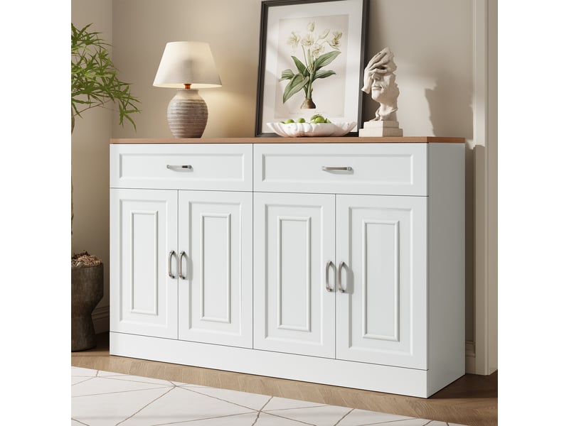  Buffet 4 portes et 2 tiroirs avec étagères réglables pour salle à manger 120×35×80,5 cm blanc et bois  - Conforama C