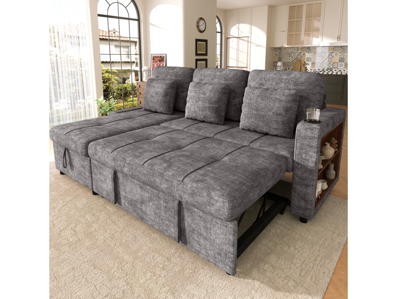 Canapé-lit tcqpz 3 places avec méridienne 201,3 x 126,1 x 86,1 cm rangement chenille gris - Conforama D