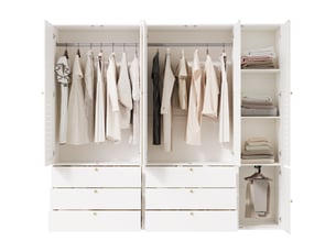 Armoire 5 portes 225x50x200 cm, 3 tringles, 6 tiroirs, portes lamellées, panneaux de particules, blanc