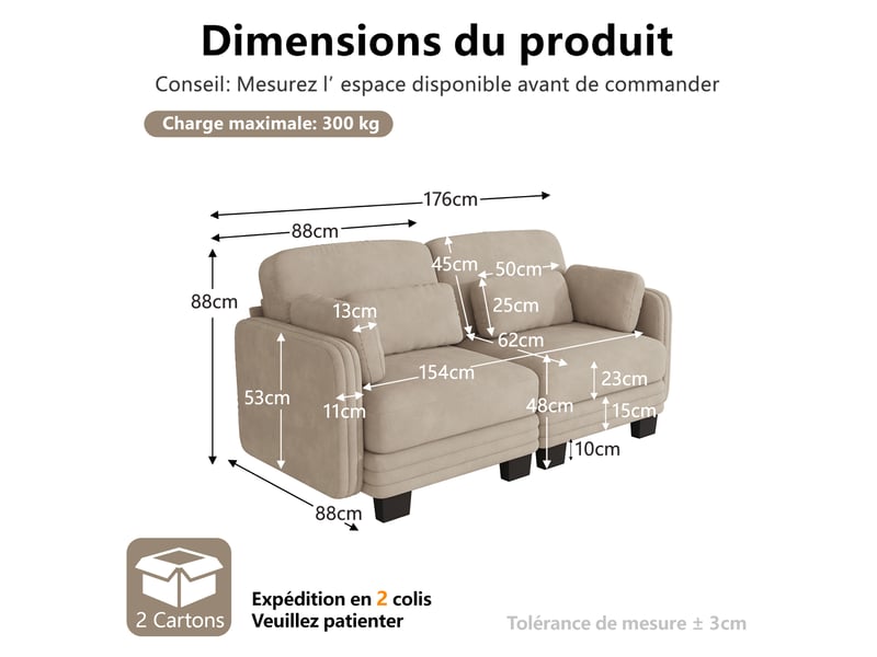 Canapé droit modulable 2 places 176x88x88 cm en chenille café clair - Conforama C