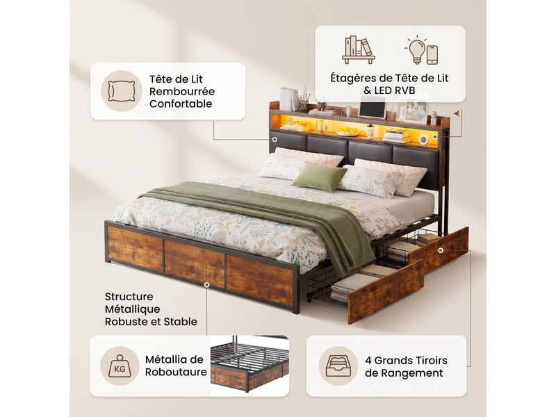 Lit double 160x200 cm avec 4 tiroirs et led, lit adulte avec cadre en métal, style industriel, noir  - Conforama C