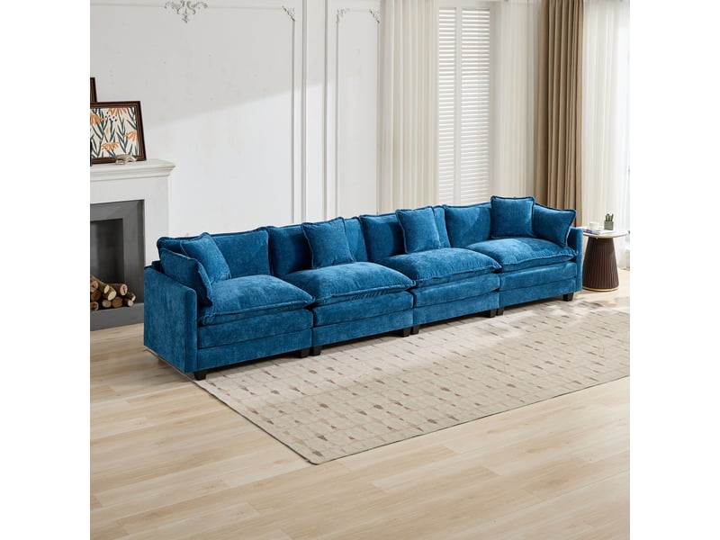  Canapé 4 places en chenille bleu, canapé modulable pour salon avec coussins d'assise rembourrés double couche ,pouf non inclus  - Conforama R