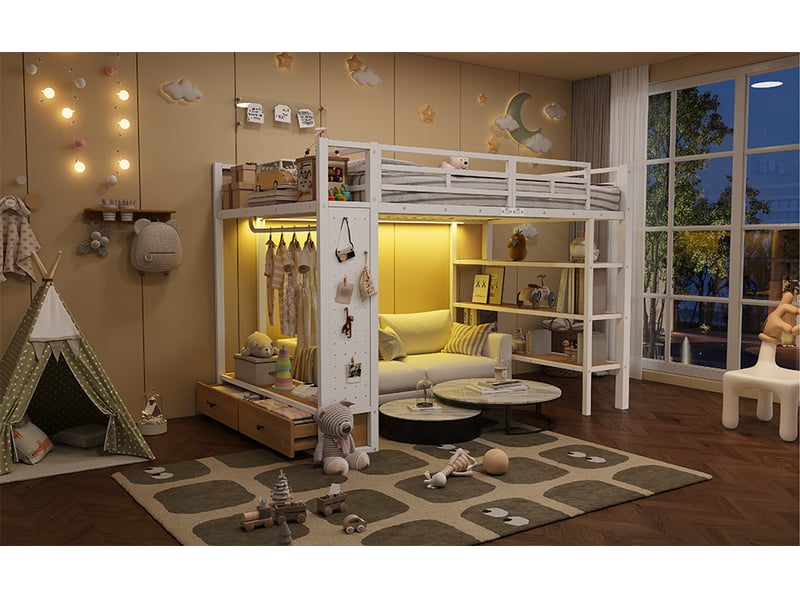 Lit mezzanine 140 x 200 cm, lit enfant surélevé, 2 tiroirs, placard intégré, bureau intégré, étagères ouvertes, éclairage led, échelle, métal, blanc Morn Vibe - Conforama E