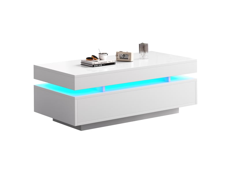  Table basse 100x50x35 cm blanche brillante avec 2 tiroirs et éclairage led  - Conforama A