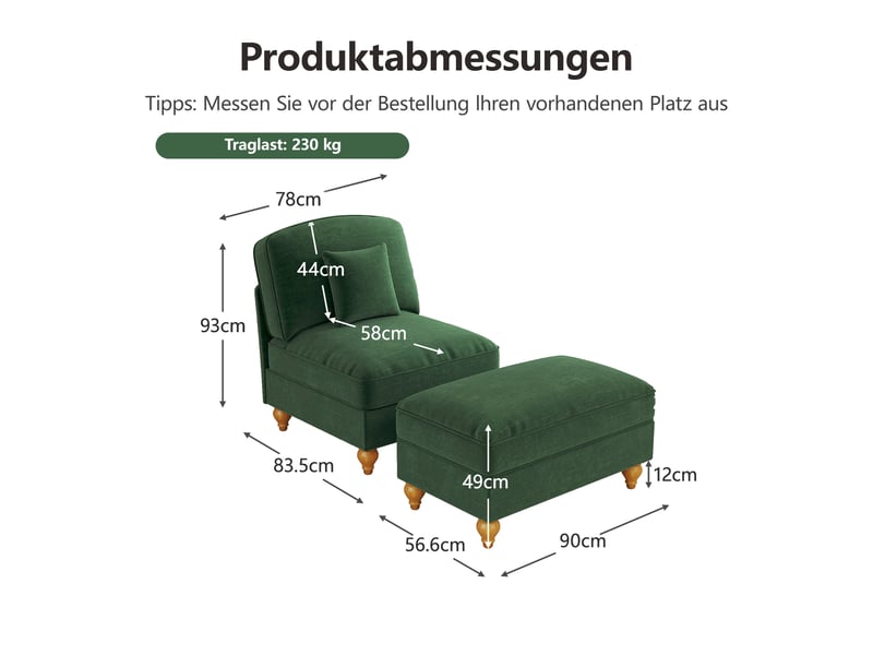 Fauteuil avec pouf dossier segmenté et jupe à volants amovible  - coussin mobile chenille vert  - Conforama D