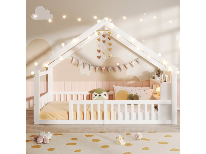 Lit enfant 90 x 190 cm avec barrières, étagères latérales et perles led blanc - Conforama D
