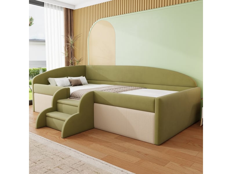  Lit banquette 90x190 cm en velours doux avec rangements barrières et marches vert foncé crème sans matelas  - Conforama B