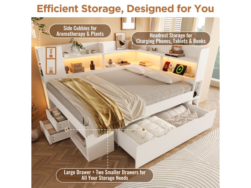  Lit banquette 90x190 cm avec rangements étagères tiroirs led usb usb-c sommier à lattes mdf blanc  - Conforama E