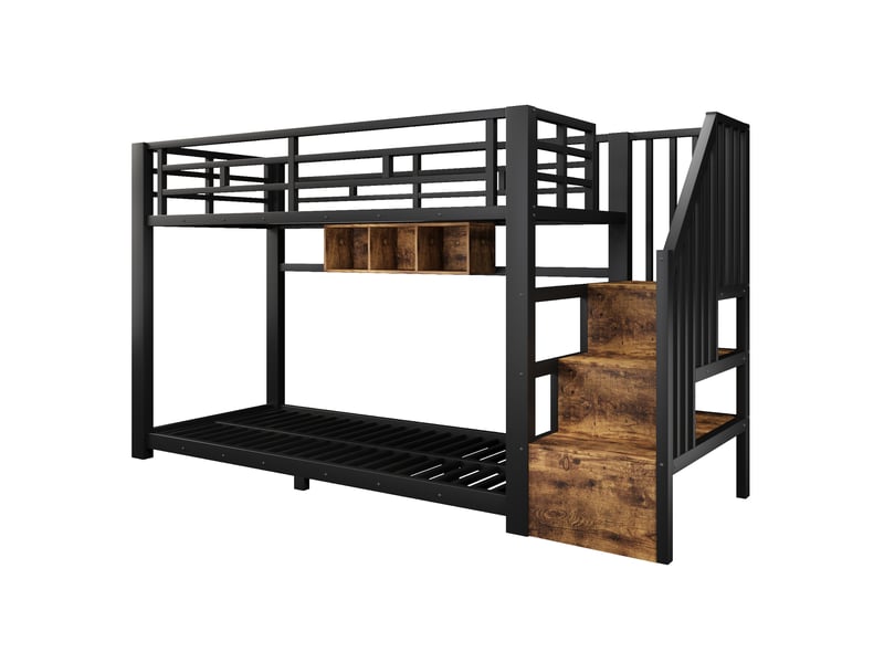  Lit superposé enfant 2 places 90×200 cm lit adolescent lit simple en métal avec led 3 compartiments escalier de rangement, noir  - Conforama A