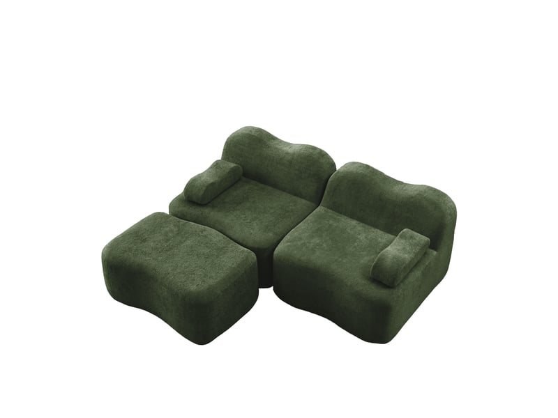  Canapé d’angle 2 places modulable vert en velours avec pouf assorti, forme ondulée, assise profonde pour salon et appartement  - Conforama W