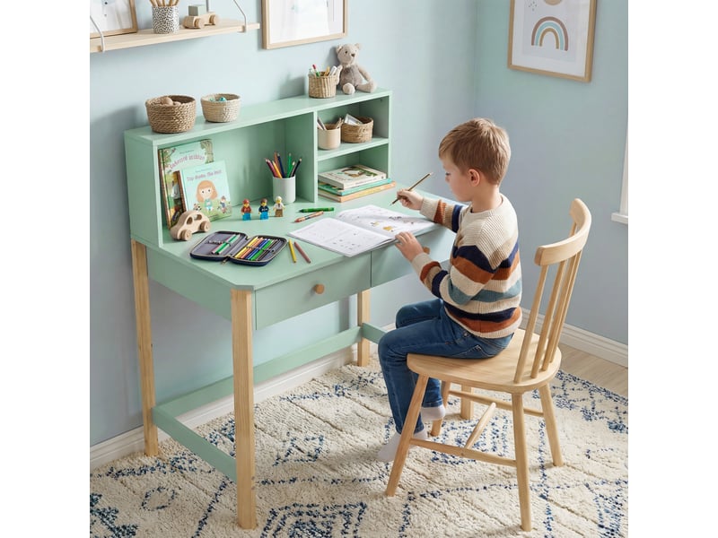  Bureau enfant vert avec 3 compartiments ouverts et 2 tiroirs 90 x 52 x 105 cm  - Conforama D