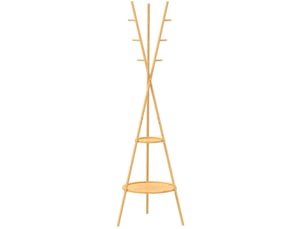 Portant vestiaire sur pied 176 x 58,5 cm – naturel – 9 crochets et 2 étagères de rangement
