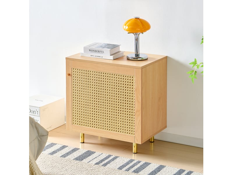 Meuble de rangement 1 porte en rotin tressé avec étagère et pieds métalliques pour salon et chambre, 60 × 40 × 63 cm - Conforama C