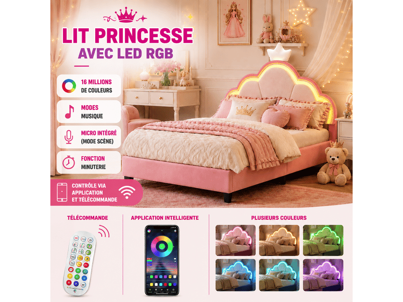 Lit princesse avec tête de lit couronne et lumières led, 90 x 200cm, lit enfant fille avec sommier à lattes,réglage hauteur - Conforama C