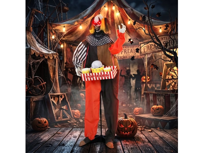  Décoration halloween animée clown pop-corn à tête jaillissante, yeux lumineux et sons, en plastique noir, 50 × 35 × 180 cm  - Conforama D