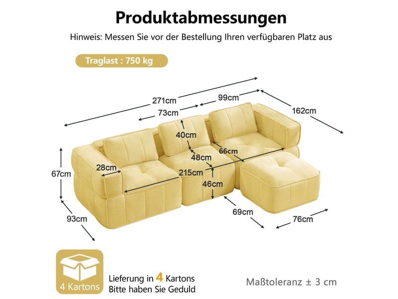 Canapé modulable, canapé 3 places, en tissu, jaune, avec pouf, pour salon, mobilier pour espace de vie, adapté à l'espace de vie - Conforama E