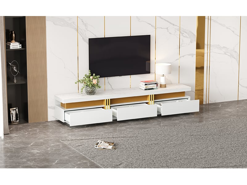  Meuble tv avec 3 tiroirs et passe-câbles pour salon 200×40×42 cm en panneaux de particules blanc  - Conforama C