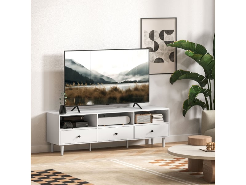  Meuble tv 3 tiroirs et 3 niches avec passe-câbles pour salon 140×34×45 cm blanc  - Conforama B