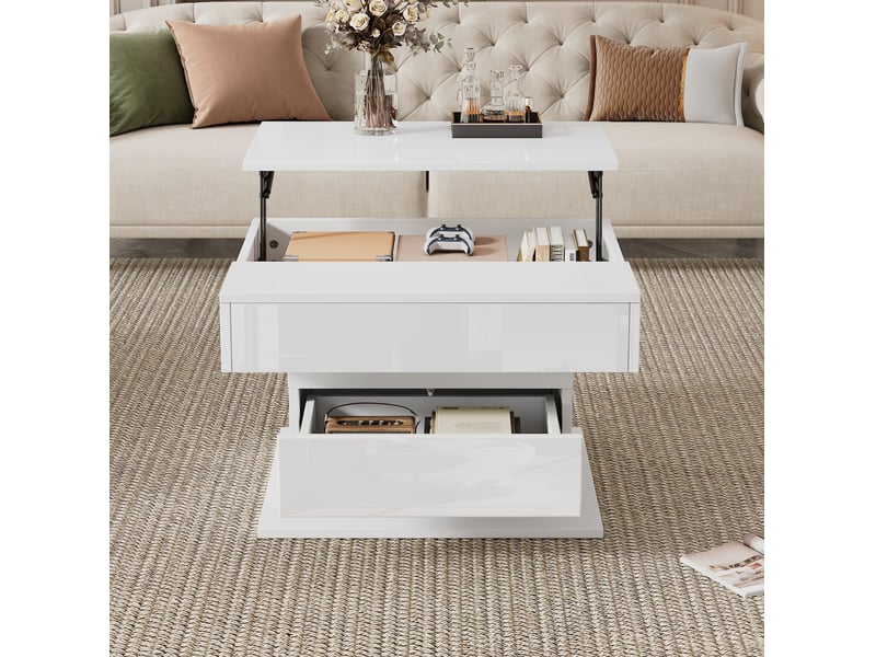  Table basse relevable 70 x 70 x 45-59 cm 360° tiroir rangement caché laqué brillant panneau de particules blanc  - Conforama R
