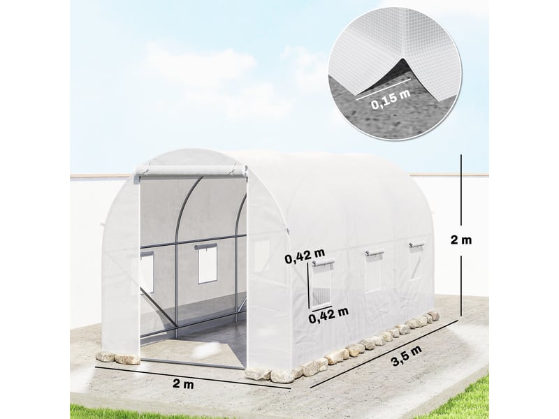  Serre tunnel 350x200x200 cm, tomates, portefenêtre, acier galvanisé, ancragescordes, blanche.  - Conforama E