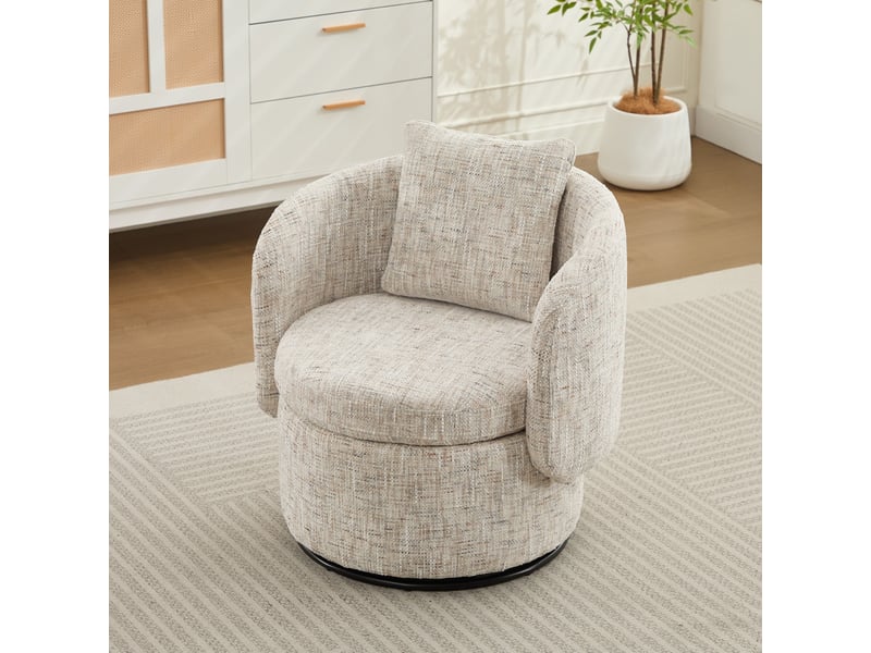 Fauteuil pivotant 360° avec rangement caché et coussin de dossier, en chenille et bois beige, 72 × 66,5 × 76 cm - Conforama C