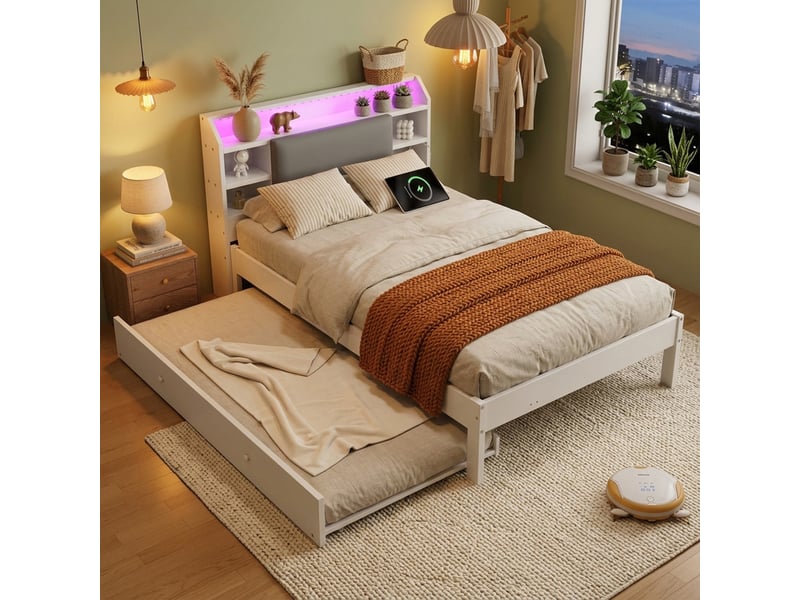  Lit gigogne 120x200 cm, lit enfant, couchage gigogne extensible, étagères, led, tête de lit rembourrée, bois blanc  - Conforama W