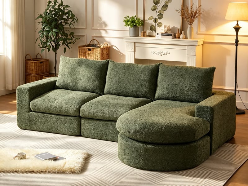  Canapé d’angle, chenille, modules courbes et méridienne, compressé sans armature, mousse, 80x250x160 cm, vert  - Conforama B