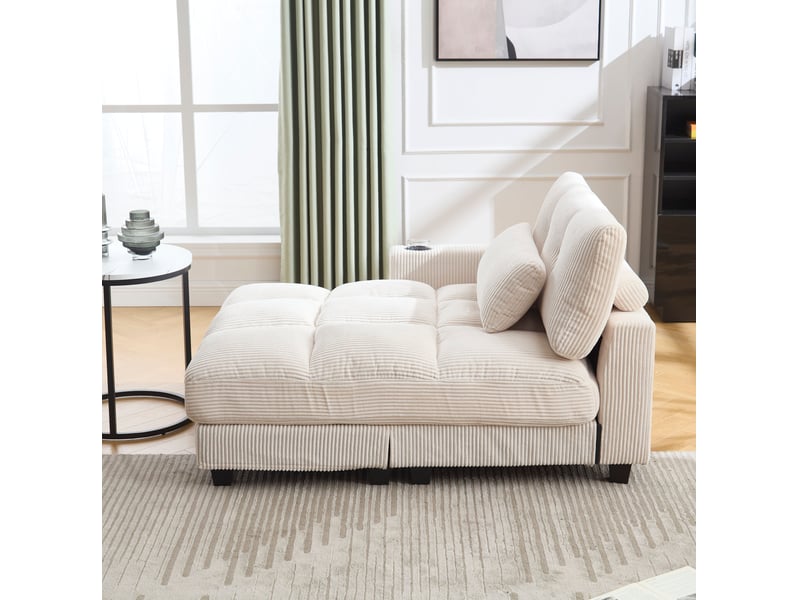  Fauteuil relax fixe en velours côtelé beige avec usb, 2 porte-gobelets et rangement latéral, pour vos pauses  - Conforama E