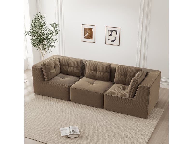  Canapé d'angle modulaire sans cadre avec assise profonde et confort moelleux, pour salon, en corduroy brun  - Conforama D