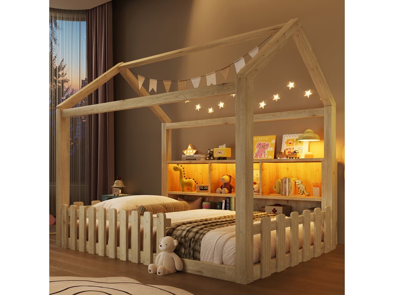  Lit cabane enfant 90 x 190 cm avec barrières, rangements ouverts et éclairage led, pin et mdf - naturel Fay Lum - Conforama D