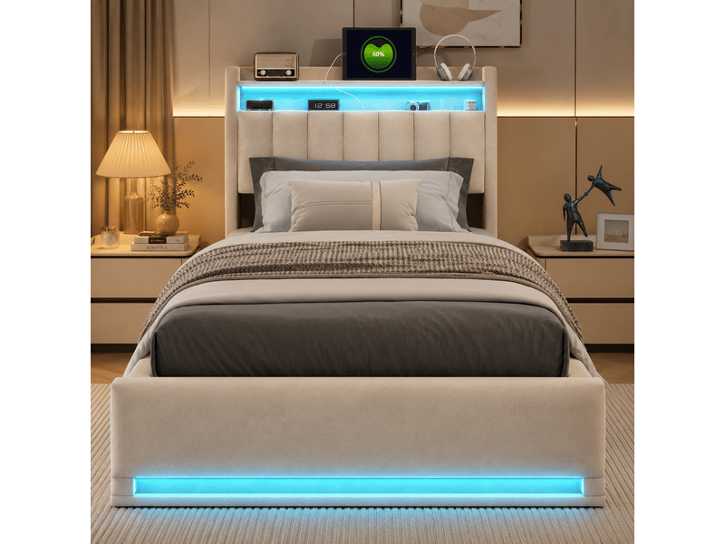 Lit coffre 90x200 cm avec éclairage led et usb, lits simple avec espace de rangement hydraulique et tete de lit, sommier à lattes, velours, beige  - Conforama D