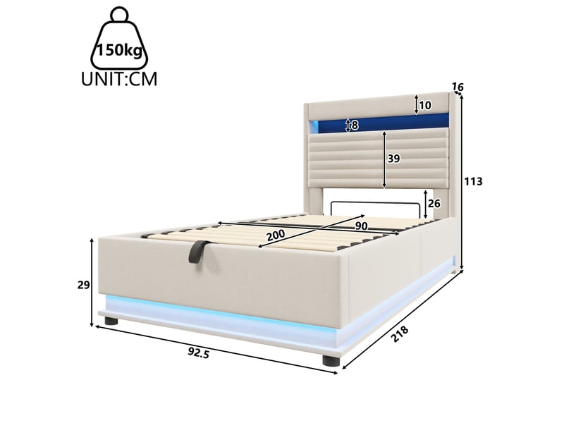  Modenvie lit coffre 90x200 cm - rangement hydraulique, led et ports usb usb-c - sans matelas - beige  - Conforama C