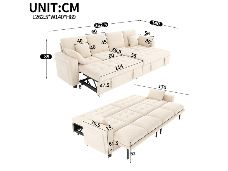  Canapé d'angle convertible 4 places beige en tissu, led, usb et type-c, deux couchages indépendants pour le salon  - Conforama C