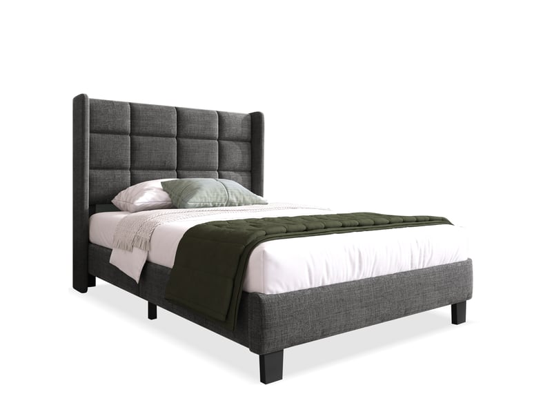  Lit simple capitonné avec sommier à lattes 90x200 cm en lin gris  - Conforama A