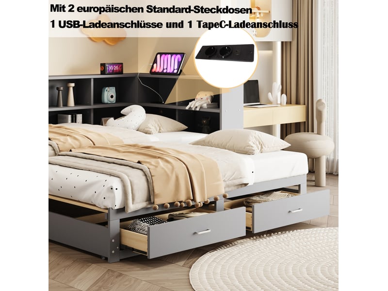  Lit banquette 90x190 cm extensible 180x190 cm – gris – rangements, prises et 2 tiroirs – sans matelas  - Conforama E