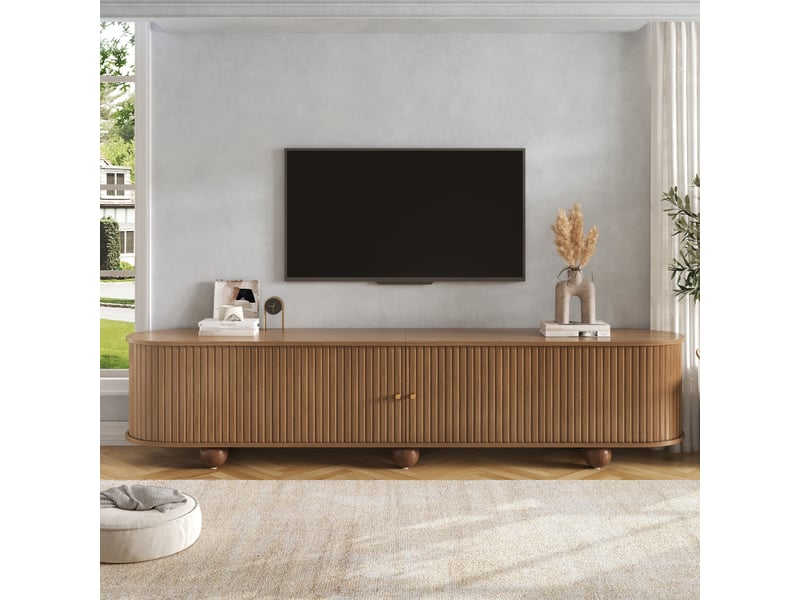  Meuble tv ovale effet bois clair 4 portes au design ondulé 3d  - Conforama C
